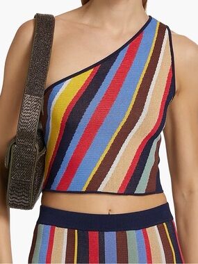 STAUD Lexi One-Shoulder Multicolor Striped Knit Crop Top